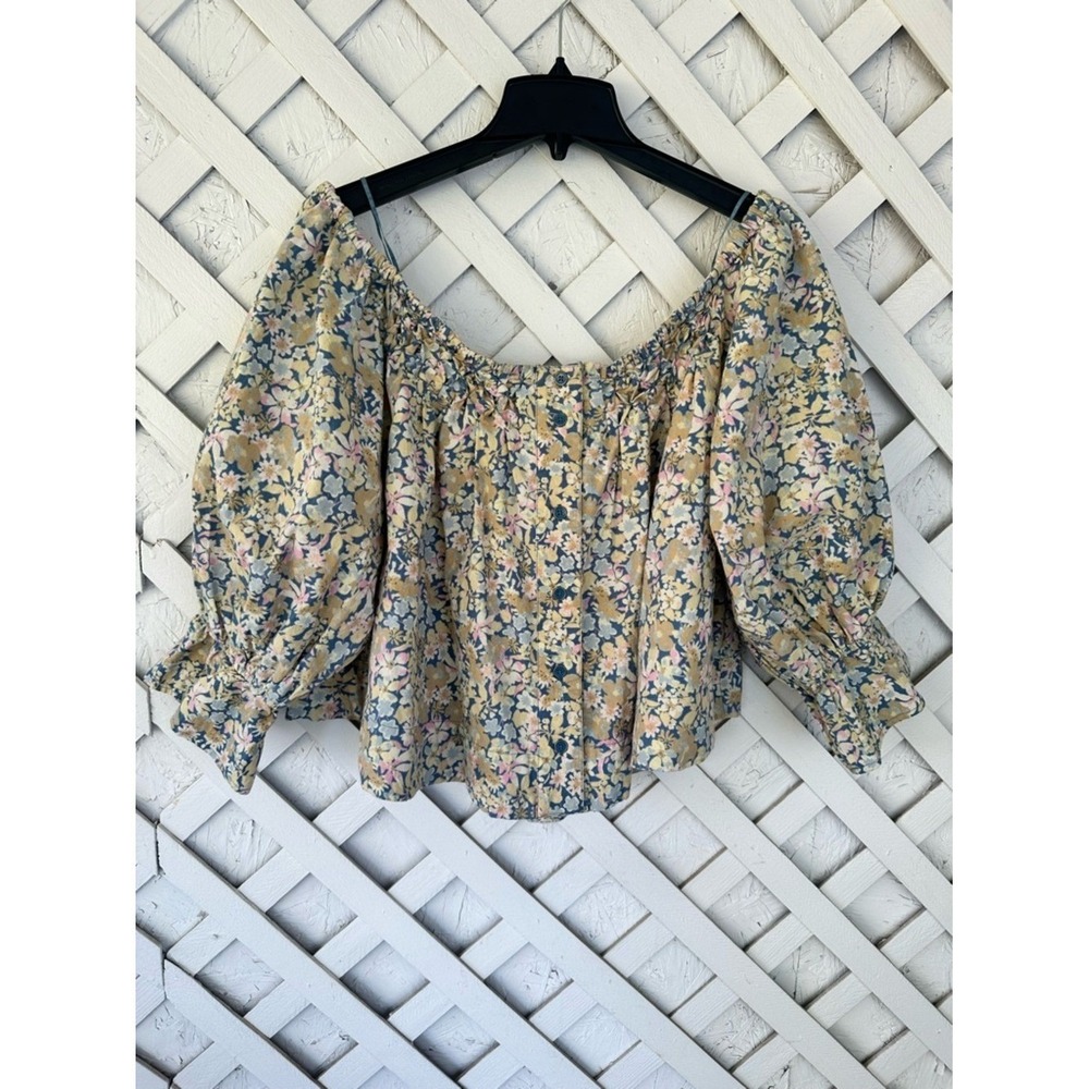 Free People James Smocked Floral Puff-Sleeve Off-Shoulder Top CottageCore Large